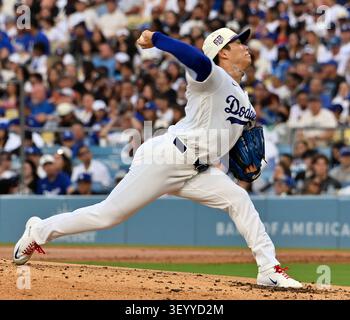 Los Angeles, United States. 04th July, 2026. Los Angeles Dodgers starting pitcher Yoshinobu Yamamoto winds up to deliver in the second inning against the San Diego Padres at Dodger Stadium in Los Angeles on Saturday, July 4, 2026. Photo by Jim Ruymen/UPI Credit: UPI/Alamy Live News Banque D'Images