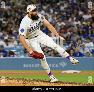 Los Angeles, United States. 04th July, 2026. Los Angeles Dodgers relief pitcher Alex Vesia delivers in the eighth inning against the San Diego Padres at Dodger Stadium in Los Angeles on Saturday, July 4, 2026. Photo by Jim Ruymen/UPI Credit: UPI/Alamy Live News Banque D'Images