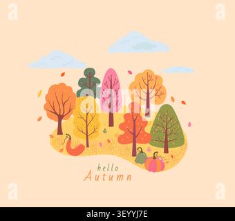 Paysage d'automne avec des arbres et un feuillage aux couleurs vives. Belle vue panoramique d'automne avec nuages, bois, chute de feuilles, citrouilles. Bois dessinés à la main avec différentes formes et couleurs. Forêt d'automne. Vecteur Illustration de Vecteur