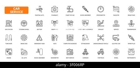 Symboles d'entretien et de réparation automobile indiquant les outils d'atelier, les pièces du véhicule, les diagnostics, le remorquage, le carburant, assurance et assistance routière icônes de ligne noire rouge définir illustration vectorielle Illustration de Vecteur