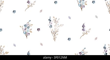 Motif sans couture floral à l'aquarelle délicate avec de petites branches de fleurs sauvages sur fond blanc Banque D'Images