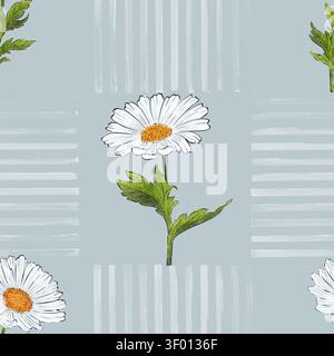 Motif sans couture de fleur de camomille blanche simple sur fond bleu de rayures abstraites Banque D'Images