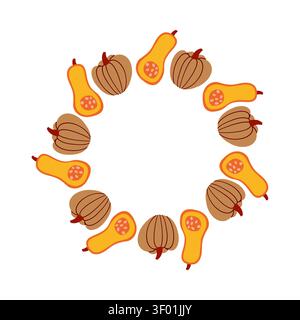 Illustration de couronne de citrouille d'automne dans un style simple dessiné à la main, cadre de courge rond vectoriel plat isolé sur fond blanc pour Thanksgiving Illustration de Vecteur