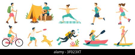 Ensemble d'illustrations vectorielles plates représentant des personnes se livrant à divers sports de plein air et activités de loisirs, isolé sur fond blanc. Inclut Hi Illustration de Vecteur