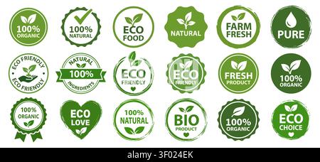 Ensemble de badges et de timbres de cercle vert pour les produits biologiques et écologiques. Comprend diverses étiquettes comme 100 Organic, Farm Fresh, Natural, Eco Friend Illustration de Vecteur