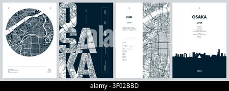 Ensemble de conception d'affiches de voyage avec plan de rue Osaka, ville dans la région du Kansai de Honshu au Japon, silhouette ville skyline, illustration vectorielle, Monochrome Illustration de Vecteur