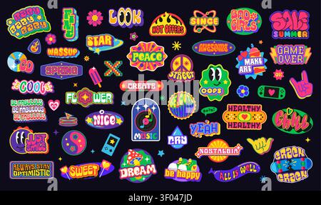 Y2K rétro groovy autocollants patch étiquettes avec des formes cool à la mode, fleur pop art vintage, coeur et icônes vectorielles étoile. Y2K sourire emojis, paix hippie et champignons, ballon groovy et stickers bonbons Illustration de Vecteur