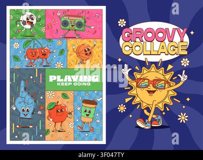 Affiche de collage de personnages groovy de dessin animé y2k avec fond de rayons rétro. Drôle de soleil hippie dans des lunettes de soleil, tasse de café y2k et mascottes de fruits de cerise. Balles groovy rétro et personnages de lecteur de cassettes Illustration de Vecteur