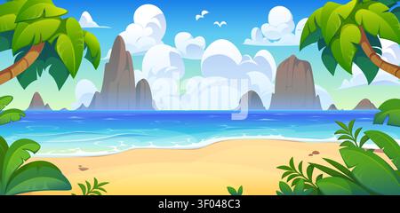 Paysage tropical de l'île des Caraïbes de dessin animé avec plage, palmiers et mer ou océan rivage. Paysage d'île tropicale d'été fond ou paysage marin avec des rochers dans l'eau et mouettes dans le ciel avec des nuages Illustration de Vecteur