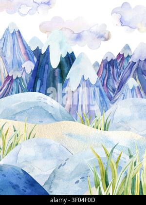 Fond de paysage d'hiver aquarelle avec des nuages bleus de montagnes enneigées et illustration de dessin animé dessinée à la main d'herbe verte pour les vacances de Noël Banque D'Images