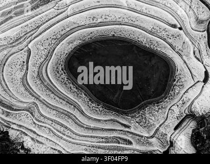 Arrière-plan : ressource graphique d'art naturel. Cercles concentriques de glace sur une flaque gelée en noir et blanc à faible contraste. Banque D'Images