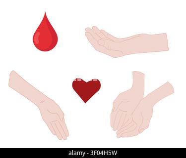 Paumes dans un geste de volonté de donner et de soutenir, et une goutte rouge de sang. Illustration vectorielle. Dessin au sujet du don, le transfu sanguin Illustration de Vecteur