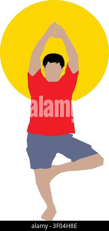 Personne pratiquant l'exercice de yoga Tree pose (Vrikshasana). Illustration vectorielle plate représentant l'équilibre, la pleine conscience, le bien-être et un mode de vie sain. Illustration de Vecteur