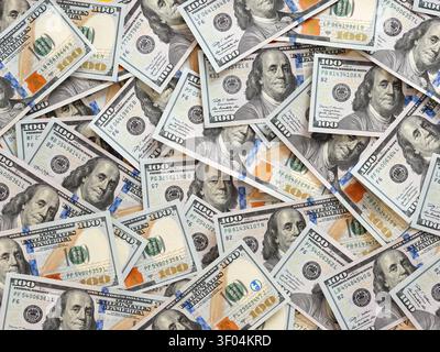 Billets de cent dollars US dispersés créant un motif de fond, représentant la richesse, la finance, le succès et la prospérité Banque D'Images