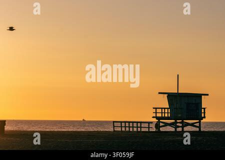 Silhouette d'une tour de sauvetage sur la plage de Santa Monica au coucher du soleil, avec une mouette en vol et l'océan Pacifique à l'horizon au-dessus de l'eau Banque D'Images