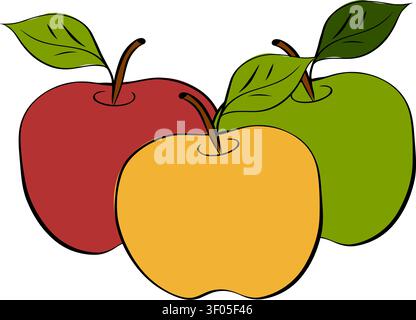 Trois pommes. Composition scolaire illustration dessinée à la main colorée. Encre de ligne graphique vectorielle Illustration pour livre de cuisine de recette, bannière, voiture de poste Illustration de Vecteur