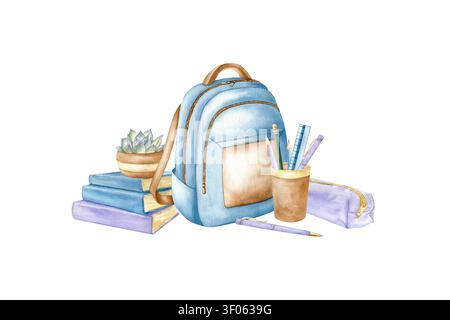 Illustration isolée aquarellée de retour à l'école. Fournitures éducatives dessinées à la main en couleur pastel avec sac à dos bleu, pile de livres, succulente Banque D'Images