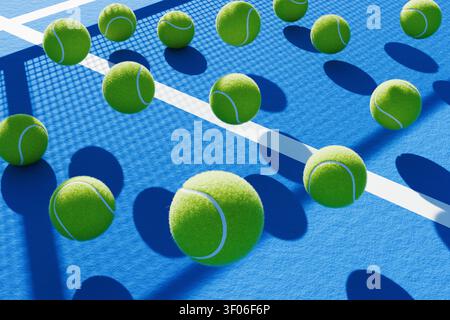 Arrière-plan vibrant de court de tennis bleu avec plusieurs balles de tennis vert vif flottant dans l'air et des ombres fortes et dramatiques. Parfait pour le sport Banque D'Images