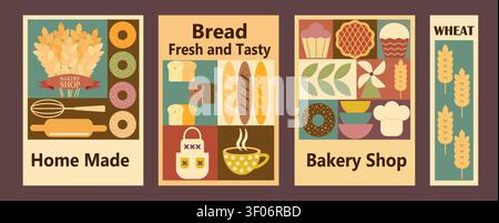 Designs de bannières géométriques pour pains et pâtisseries. Illustration d'une boulangerie. Fond géométrique abstrait en lignes. Icônes de pain avec des formes simples pour étiquette, couverture, étiquette de prix, fond. Illustration de Vecteur