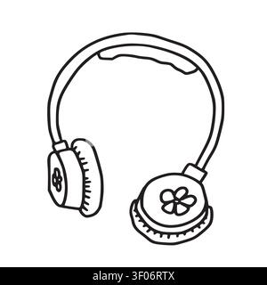 Doodle dessiné à la main de casque sans fil avec fleur mignonne isolé sur blanc. Esquisse minimaliste de gadget audio, parfait comme icône musicale pour podcast Illustration de Vecteur