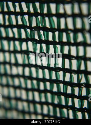 Un gros plan macro extrême mettant en valeur le motif répétitif, la texture et la structure tissée d'un filet d'ombrage de jardin en plastique vert, maille Banque D'Images