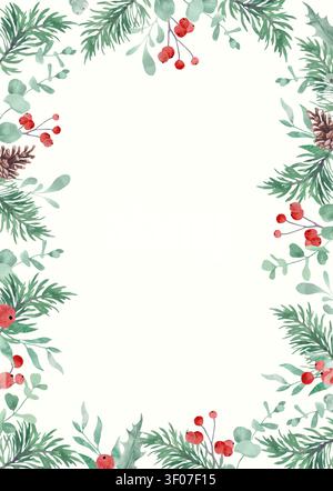 Cadre de guirlande de Noël aquarellé, eucalyptus et pins avec baies rouges, bordure botanique des fêtes, modèle de carte verticale Banque D'Images