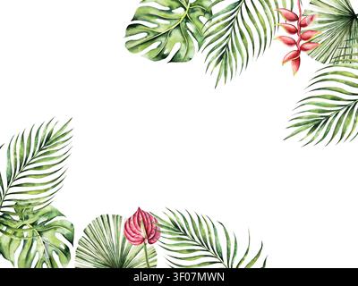 Cadre de feuille Monstera, Strelitzia et modèle de fleurs d'anthurium rouge. Aquarelle logo de palmier dessiné à la main, tons verts vibrants. Botanique isolée Banque D'Images