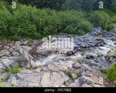 Un ruisseau de montagne qui coule rapidement en cascade sur des roches de granit gris et une petite passerelle en bois dans une forêt verdoyante de l'État de Washington. Banque D'Images