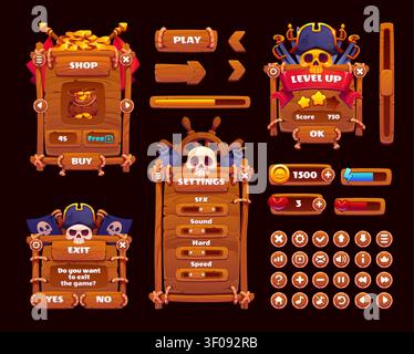 Panneaux d'interface du menu de l'interface utilisateur du jeu pirate, boutons de fenêtre et d'application. Boutique en bois et fenêtres de paramètres, badge de niveau supérieur, crâne, chapeau de capitaine, pièces de monnaie, icônes de barre de santé et d'énergie pour la navigation, les contrôles de gameplay Illustration de Vecteur