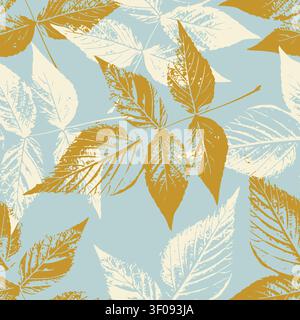 La framboise d'automne élégante laisse un motif sans couture avec des empreintes détaillées de timbre à l'encre pour le tissu de vêtements de mode moderne, le textile de décoration et la conception de papier de papeterie en jaune moutarde, blanc crème et p. illustration vectorielle Illustration de Vecteur