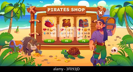 Fenêtre d'interface de magasin de jeu de pirate de dessin animé avec panneau d'interface utilisateur en bois, pièces d'or et coffre au trésor. Fond de plage d'île tropicale avec caractère pirate, tortue et porc-épic pour les jeux d'aventure Illustration de Vecteur