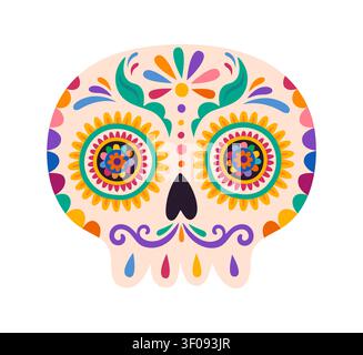 Mexicain Day of the Dead orné de fleurs sucre calavera crâne. Jour du crâne de sucre mort décoration vectorielle isolée. Calavera mexicaine avec des yeux de fleurs, des sourcils feuillus, la bouche de pétales et le motif folklorique Illustration de Vecteur