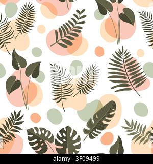 Motif sans couture de feuille de monstera de boho, motif sans couture organique de plantes tropicales bohème. Fond de tuiles tropicales avec monstera, palmier, fougère et feuillage de jungle philodendron et formes abstraites douces Illustration de Vecteur