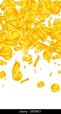 Les pièces de Bitcoin tombent. Pièces de BTC d'or dispersées de crypto-monnaie. Monnaie Internet. Concept de crise financière mondiale. Illustration vectorielle. Illustration de Vecteur