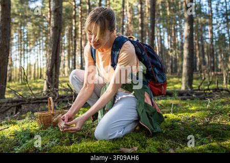 Femme souriante cueillant un grand champignon comestible Boletus edulis sur le sol dans une forêt marécageuse. Banque D'Images