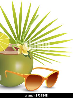 La noix de coco tropicale repose à côté des lunettes de soleil orange. Illustration de Vecteur