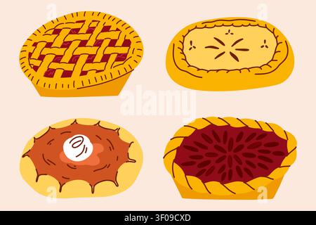 Collection de tartes faites maison dessinées à la main avec tarte au treillis, tarte aux fruits et pâtisserie au fromage blanc, illustration de boulangerie chaleureuse en style plat Illustration de Vecteur