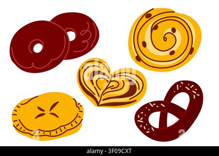Collection de pâtisseries dessinées à la main avec tarte, roulé à la cannelle, bretzel et donut, Illustration de boulangerie chaleureuse en style plat chaud Illustration de Vecteur