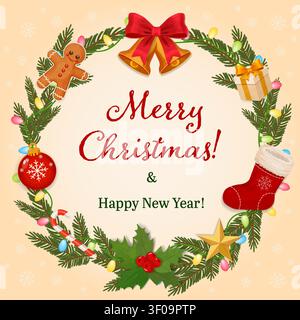 Couronne décorative festive représentant un joyeux Noël et une carte de vœux pour la nouvelle année Illustration de Vecteur
