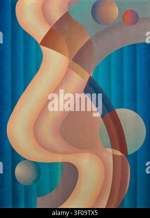 Stuart Walker (américain : 1904-1940) - composition 61 - la pièce présente des formes géométriques sinueuses et fluides dans des tons de blush chaud et beige sur un fond bleu structuré. Un excellent exemple de l'art abstrait américain du début du XXe siècle, mettant en vedette des éléments d'abstraction géométrique et des sensibilités au design Art déco. Walker a utilisé une palette de couleurs harmonieuse et discrète dominée par les bleus océaniques, les crèmes douces, les ocres terreux et les oranges chaudes. Cette coloration naturelle est fortement inspirée par la lumière et les paysages du Nouveau-Mexique, où l’artiste a travaillé pendant sa période de maturité. Banque D'Images