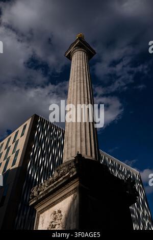 Londres Angleterre, 4 juillet 2026. Grande colonne en pierre cannelée avec sommet doré et base sculptée. Monument de l'incendie de Londres et bâtiments modernes Banque D'Images