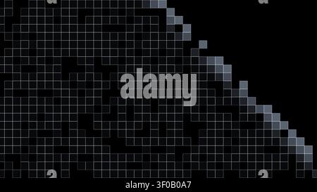L'image présente un fond noir avec un motif pixelisé dans différentes nuances de gris. Le motif comporte des formes carrées disposées de manière abstraite Banque D'Images