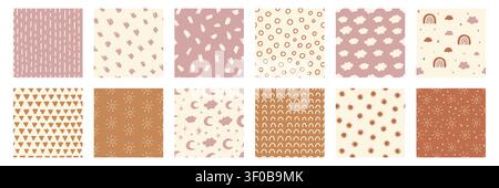 Boho Baby Seamless Pattern Set avec des coups de pinceau abstraits, nuages, arcs-en-ciel, soleils, lunes, triangles et formes géométriques en rose et beige doux. Mignons impressions de pépinière pour le tissu et le papier peint. Illustration de Vecteur
