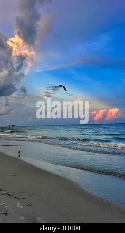 Un lever de soleil à couper le souffle sur l'océan avec une lumière douce dorée et orange illuminant le ciel et se reflétant sur des vagues douces. Plage de sable paisible Banque D'Images