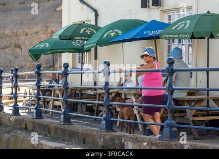 Une femme âgée profitant des vues panoramiques sur le port de Staithes depuis l'extérieur du pub Cod & Lobster, capturant un moment calme de réflexion dans ce lieu historique Banque D'Images