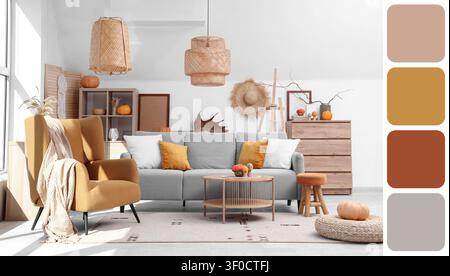 Salon moderne confortable avec décor d'automne et tons neutres Banque D'Images