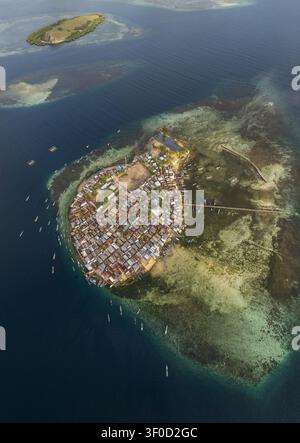 Vue aérienne de l'île de Pulau Mesa avec ses maisons densément remplies, ses jetées en bois et les récifs coralliens environnants dans les eaux bleues claires de Kecamatan Komod Banque D'Images
