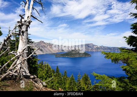 Vue dans la caldera bleue du Crater Lake National Park depuis le rebord sud avec l'île Wizard Banque D'Images
