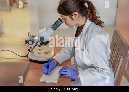 Jeune scientifique féminine en blouse de laboratoire blanche et gants bleus regardant simultanément à travers un microscope stéréo et écrivant dans un cahier à spirale sur un bois Banque D'Images