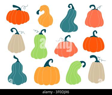 Illustration vectorielle d'une collection de citrouilles d'automne. Ensemble de courges et de gourdes colorées dessinées à la main, plates, isolées sur fond blanc. Minimaliste organique v Illustration de Vecteur